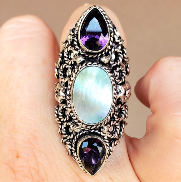 New Abalone Shell & Amethyst 925 Silver Statement Ring. - Picture 5 of 16